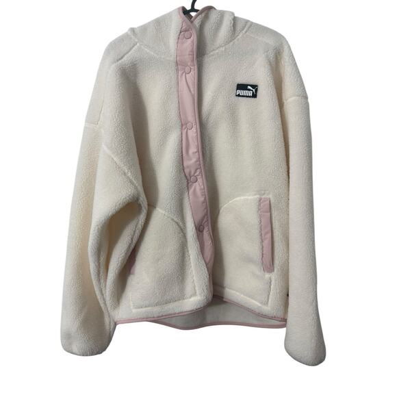 Puma Hooded Sherpa Fleece Jacket Womens Ivory Pink Athletic Outerwear Large - Picture 1 of 6